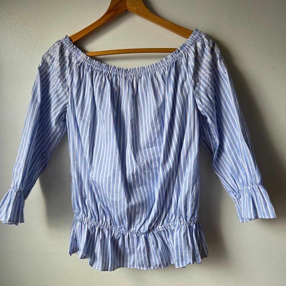 NWOT WHITE HOUSE BLACK MARKET STRIPED BOHO PEASANT EMBROIDERED COTTON TOP SIZE M - Picture 3 of 14
